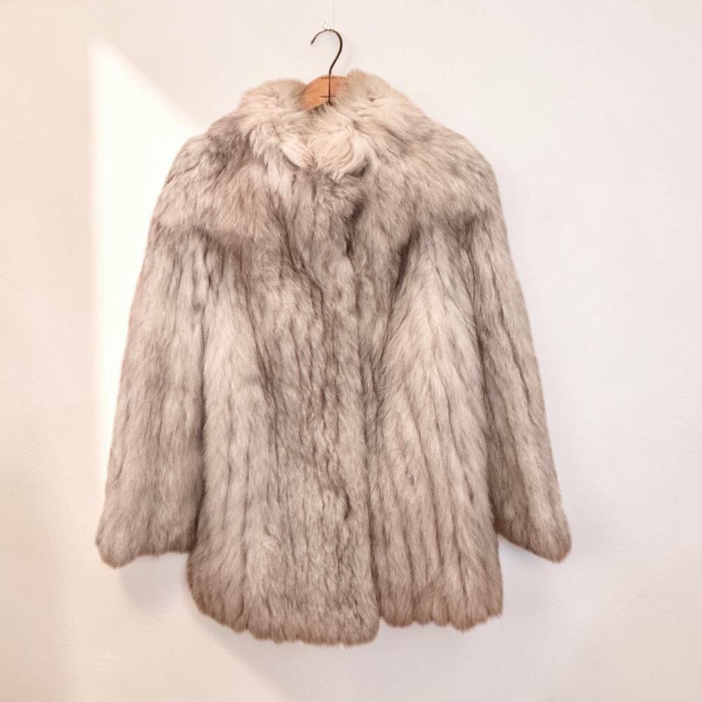 Vintage Blue Fox Fur Coat Medium Length Silver Women's Small